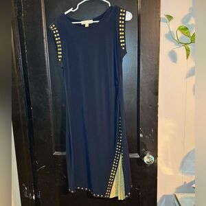 Michael Kors Navy Asymmetrical Dress with Gold Accents